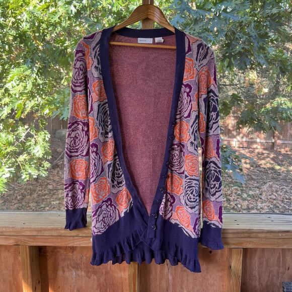 Anthropologie Sleeping On Snow Purple Rose Print Cardigan Size S - Picture 1 of 9